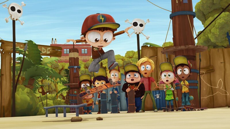 Angelo (vorne) muss einen schwierigen Skateboardtrick perfekt vorführen, wenn er den Auftritt vom großen Ollie Van Dunk sehen will. – Bild: Cake Entertainment