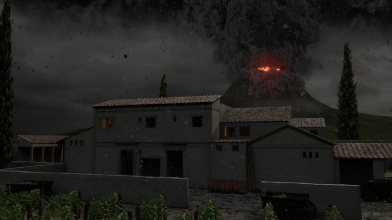 Villa Recon Pompeji: Die Villa, wie sie ausgesehen haben könnte, mit dem Vesuv im Hintergrund. Die Villa befand sich außerhalb der Stadt Pompeji; weißer Bimsstein regnet aus der Eruptionswolke. – Bild: National Geographic