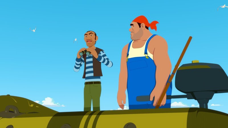 Rico und Biff halten Ausschau nach Zoom. Sie haben den Auftrag, den weißen Delfin zu entführen. – Bild: ZDF/​(C) Media Valley/​ Marzipan Films/​TF1/​Gaumont Animation