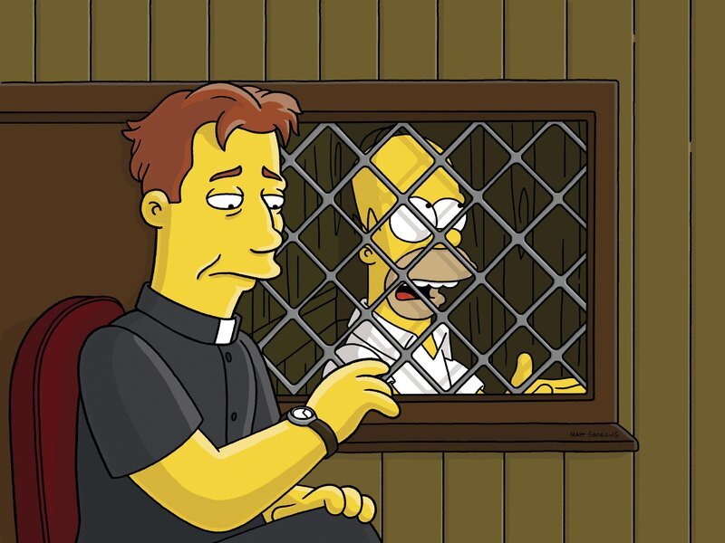 Homer (r.) stellt Pater Sean (l.) zur Rede, doch als es aus der Internatsküche nach Pfannkuchen riecht, beschließt Homer, katholisch zu werden … – Bild: Twentieth Century Fox Film Corporation