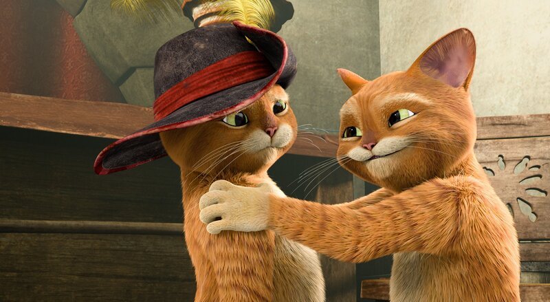 Der gestiefelte Kater (l.) hat mithilfe von Artefius seinen Doppelgänger erschaffen. Dieser soll nun werden wie er. Ob das Double ihm aber tatsächlich so ähnlich ist? – Bild: ORF/​Universal