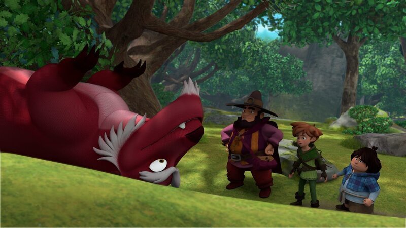 Robin (2.v.r.) und Tuck (r.) sind fassungslos. Der hypnotisierte Drache Derke (l.) ist nicht mehr er selbst. – Bild: Method Animation – ZDF /​ ZDF Studios /​ KidsMe.