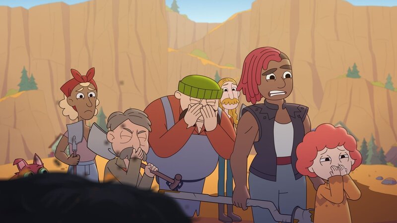 Ormhildur und die Dörfler halten sich beim Entfernen der stinkenden Katzenhäufchen die Nasen zu. – Bild: NDR/​Compass Films