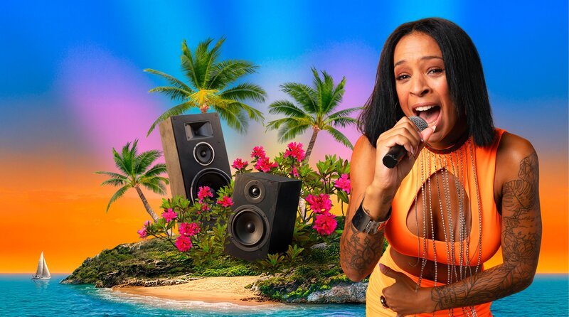 Malin will als Sängerin auf der Urlaubsinsel Mallorca Fuß fassen. Bildcollage mit Insel, Palmen und Musikboxen im Hintergrund. – Keyvisual Folge – Bild: SWR/​Christian Mader
