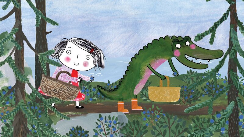 Rita und das Krokodil sammeln Blaubeeren im Wald. – Bild: PLURIMEDIA (Gebeka Films /​ Dansk Tegnefilm /​ Ladybird Film)