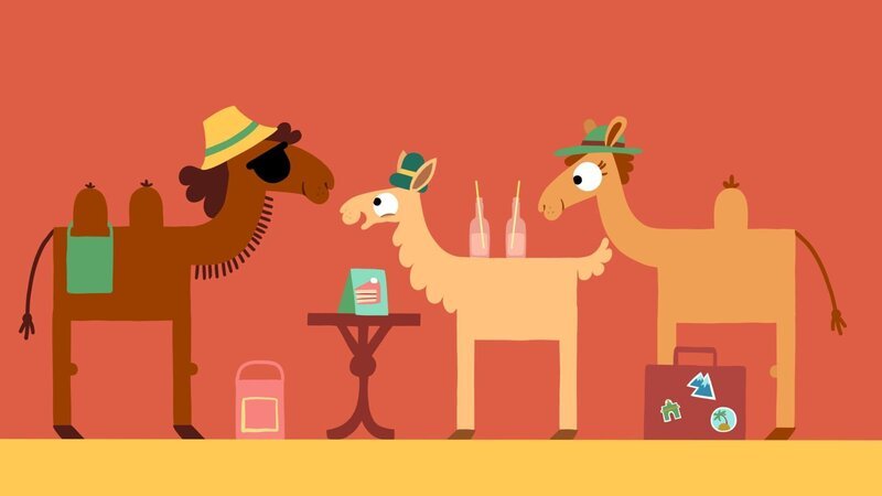 Das Lama bewundert die weit gereisten Kamele und will auch gerne so sein wie sie. – Bild: KiKA/​SWR/​Julia Ocker