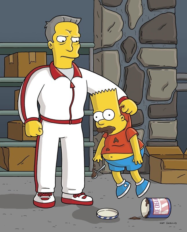 Da Bart (r.) zu viel Mistkram isst, wird er von seinen Eltern in ein Abmagerungsheim geschickt. Dort hat er es mit Mr. Spangler (l.), einem sehr radikalen Aufseher, zu tun … – Bild: Twentieth Century Fox Film Corporation