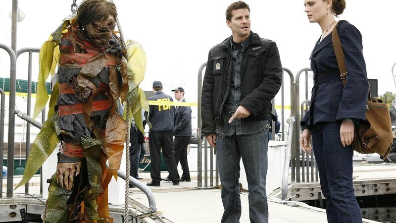 Booth (David Boreanaz) und Brennan (Emily Deschanel) ermitteln in einem Fall, in dem die Täter Ähnlichkeiten mit den Mördern aus Brennans neuem  Bestseller aufweisen. – Bild: TVNOW /​ FOX