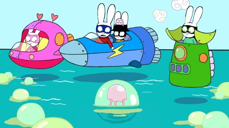 In ihren Raumschiffen inspizieren Super-Lou (links), Superhase, Captain Hase und Super-Ferdi (rechts) den verschmutzen Ozean und entdecken, dass viele Meeresbewohner in merkwürdigen Blasen gefangen sind. – Bild: ZDF/​GO-N Productions 2022