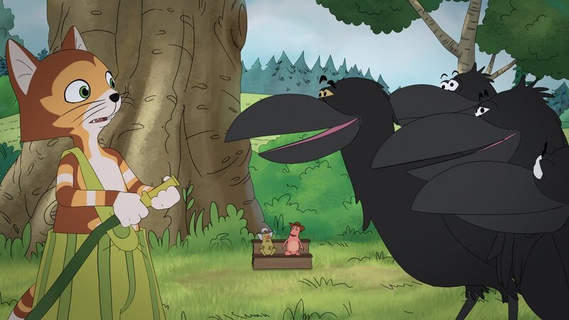 Jetzt wird es eng für Findus: Die Raben geben ihm eine letzte Chance, die Kirschen freiwillig und kampflos rauszurücken. – Bild: Edel Germany GmbH /​ ZDF