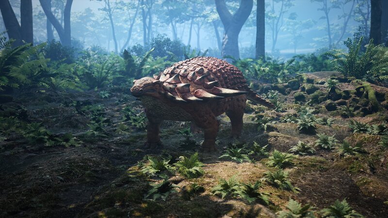 Borealopelta markmitchelli GFX: MSW-Rekonstruktion des gepanzerten Dinosauriers Borealopelta markmitchelli in seinem natürlichen Lebensraum, die seine Hautfärbung zeigt. Diese Färbung wurde anhand des chemischen Fingerabdrucks der außergewöhnlich gut erhaltenen versteinerten Haut abgeleitet. – Bild: Disney