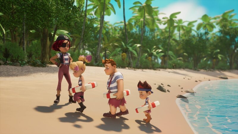 Piratenausbilderin Ella Säbelrost (l.) hat umsonst auf den Sieg ihrer „Barracudas“ Erika (2.v.l.), Conan (2.v.r.) und Raul (r.) beim Wettsegeln gehofft. – Bild: Method Animation – Mediawan kids & family.