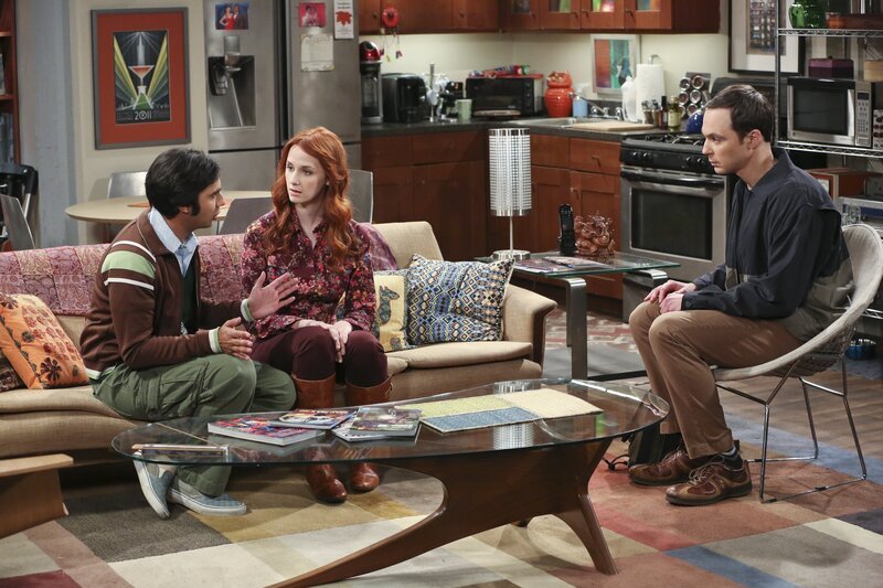 Nachdem Sheldon (Jim Parsons, r.), mit einer fiesen Erkältung kämpfend, seine Freunde wie Dreck behandelt hat, versucht er sich bei ihnen, mehr schlecht als recht, zu entschuldigen. Während Raj (Kunal Nayyar, l.) die missglückte Entschuldigung annimmt, will Emily (Laura Spencer, M.) nicht einfach so kleinbeigeben … – Bild: HBOH