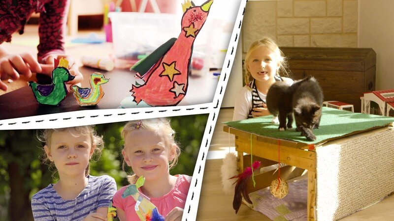 Kinder basteln einen Kratzbaum und Stecktiere. – Bild: KiKA/​Motion Works GmbH