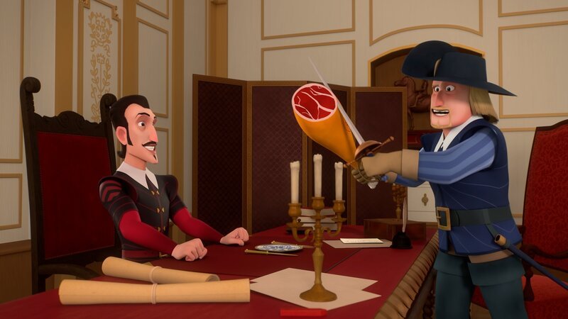Der Wikinger (r.) versucht Milady auszustechen und Richelieus (l.) krimineller Partner zu werden. Hier präsentiert er ihm geschmuggelten kostbaren Schinken aus Spanien. – Bild: Method Animation – Palomar /​ ZDF /​ ZDF Studios