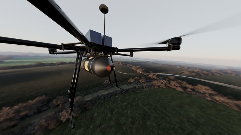 Eine Drohne hängt an einem Glasfaserkabel: So lassen sich die Drohnen elektronisch nicht von ihrem Weg abbringen. – Bild: M.Eimann/​CSTV /​ ZDF