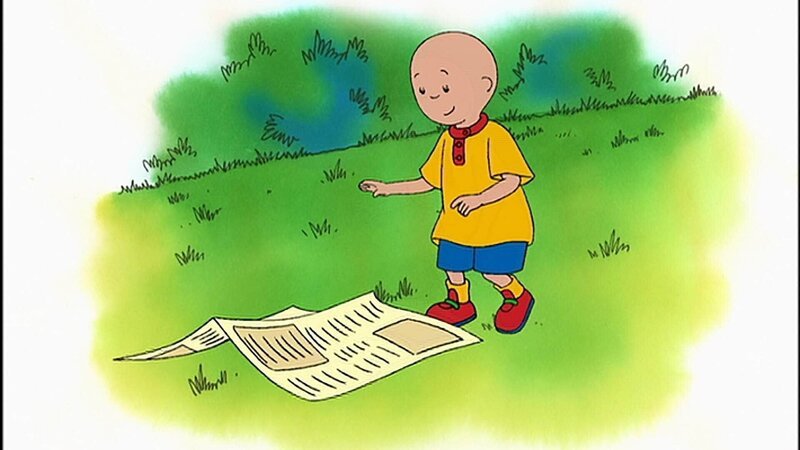 Caillou versucht, alle Zeitungsblätter wieder einzufangen. – Bild: SUPER RTL