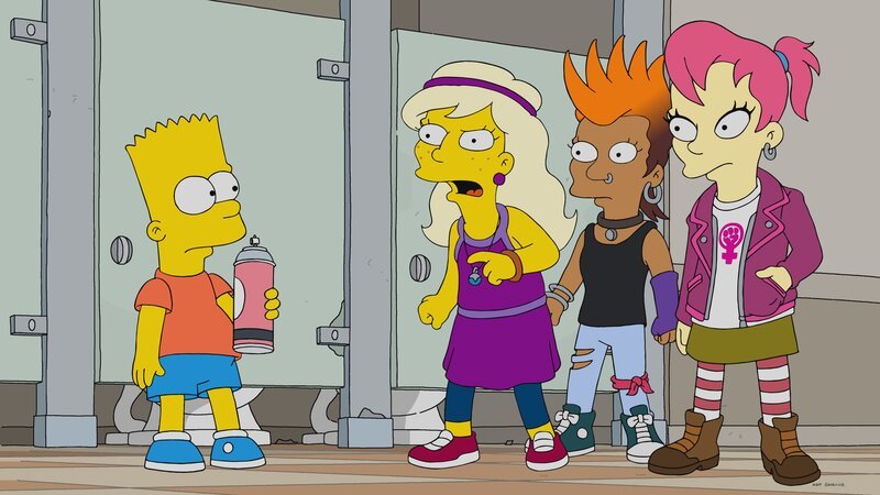 „Die Simpsons“, „Bart gegen Itchy & Scratchy.“ Bei seiner alljährlichen Pressekonferenz verkündet Krusty eine wesentliche Änderung bei ‚Itchy und Scratchy‘. Ab sofort spielen nur noch weibliche Charaktere in dem Cartoon mit. Entsetzt schwört Bart, sich die Show nie mehr anzusehen und gründet einen Männerverein. Als Lisa ihren Bruder jedoch dabei filmt, wie er ‚Itchy und Scratchy‘ immer noch sieht und sich dabei sogar amüsiert, wird er aus seiner eigenen Gruppe verstoßen. Erbost wechselt Bart daraufhin die Seiten und schließt sich einer Bande radikaler Feministinnen an. – Bild: Fox and its related entities. All rights reserved