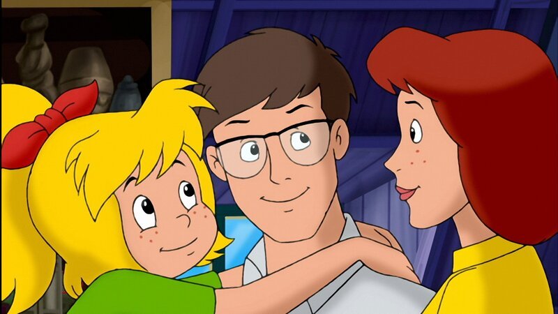 Bernhard Blocksberg (M.) und seine geliebten Hexen, Tochter Bibi (l.) und Ehefrau Barbara (r.). – Bild: ZDF