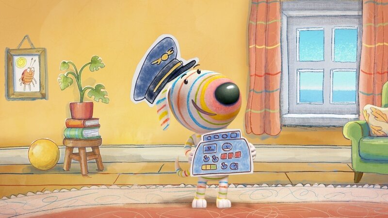 Stolz präsentiert Dylan seine neue Spielidee: Heute möchte er Flugzeugpilot sein. – Bild: ZDF/​9 Story Media Group Inc.