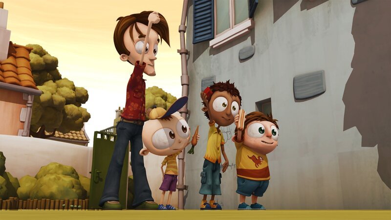 Dad, Peter, Sherwood und Cooper (v.li.) lassen sich von Angelo motivieren und geben sich mit der Camper-Nahrung zufrieden. – Bild: Cake Entertainment