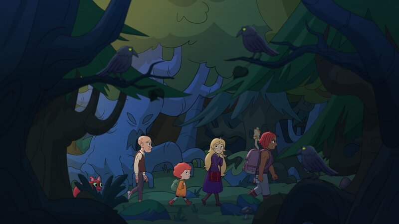 Albert, Ormhildur, Gudrun und Brunhid laufen durch den düsteren Wald des Rabenkönigs – Bild: NDR/​Compass Films