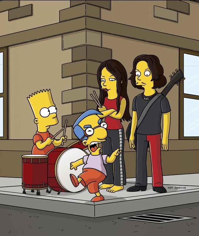 Der Kinderpsychiater empfiehlt den Simpsons, dass Bart (l.) sich dem Schlagzeugspielen widmet. Das baut nicht nur seine Aggressionen ab, sondern fördert auch seine Konzentration. Bart geht in seinem neuen Hobby auf und lernt dabei auch noch die „White Stripes“ kennen … – Bild: ProSieben