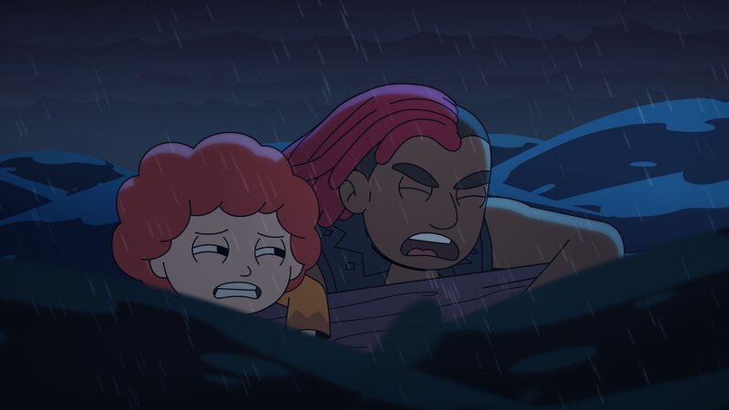 Nach dem Krakenangriff im Meer haben sich Ormhildur und Brunhild an ein Holzstück geklammert. – Bild: NDR/​Compass Films