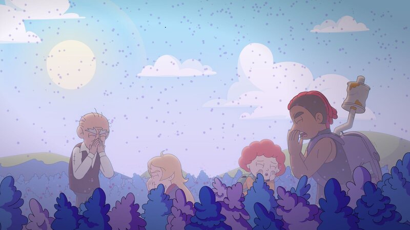 Als sie durch das Lupinenfeld laufen, müssen Ormhildur und ihre Freunde heftig niesen. – Bild: NDR/​Compass Films