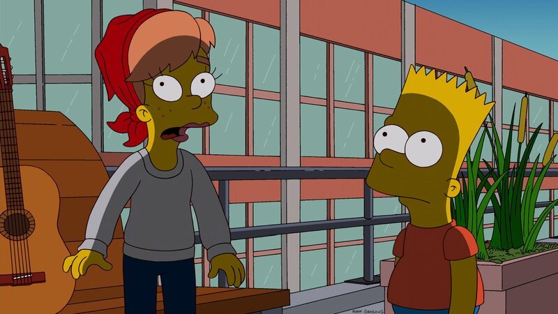 Während Marge und Lisa verzweifelt versuchen, für wenig Geld kulturelle Erlebnisse in New York zu feiern, erfährt Bart (r.) von Mary (l.), dass er vielleicht doch gar nicht so schlecht ist … – Bild: Fox and its related entities