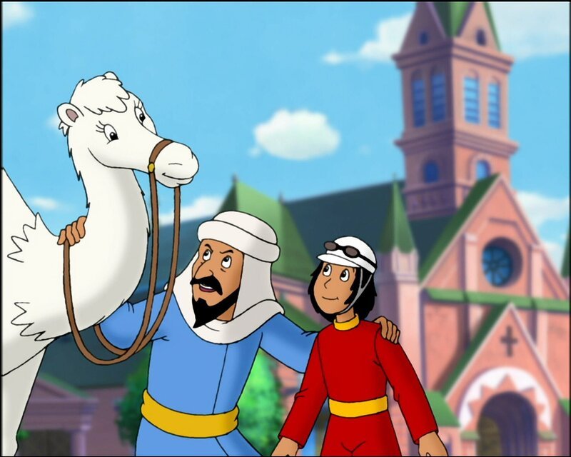 Ende gut, alles gut: Onkel Ahmed (l.) ist stolz auf Drusa, das Dromedar, und seinen Neffen Bedi (r.). – Bild: ZDF und A. Film A/​S und KIDDINX Studios GmbH../​A. Film A/​S und KIDDINX Studios