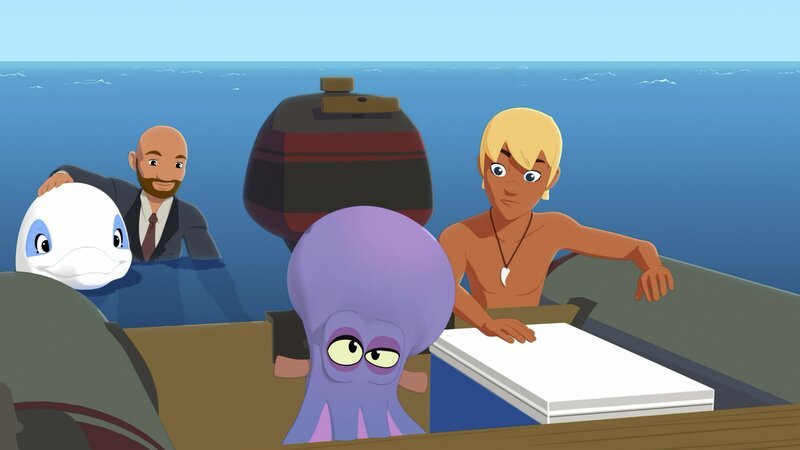 Tintenfisch Bobby war ausgebüxt und wurde von Yann, Zoom und Milliardär Philippe wieder eingefangen. – Bild: ZDF/​Media Valley/​Marzipan Films