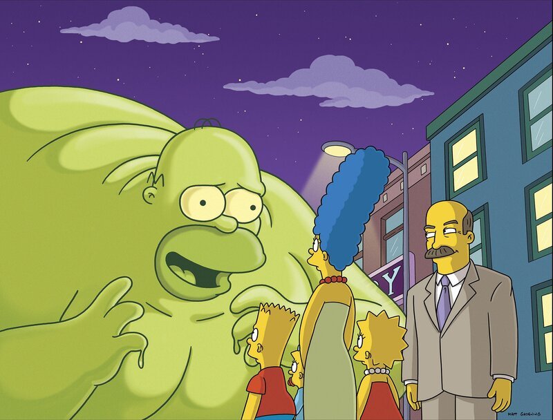 Ein Meteorit ist in den Garten der Simpsons gefallen. Aus ihm entweicht eine grüne Masse, die Homer für einen Weltraum-Marshmallow hält und sie deshalb isst. Das hat dramatische  Folgen … – Bild: 2007FOX BROADCASTING Lizenzbild frei