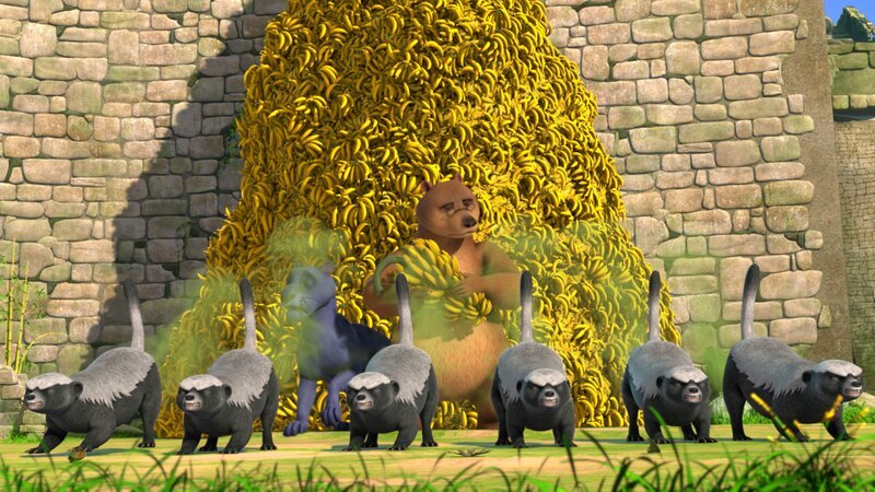 Harris’ Honigdachsfreunde wollen die Partygäste mit einem stinkenden Überraschungsangriff vertreiben und so an die Bananen kommen. Baghira und Balu bekommen die volle Ladung des Gestanks ab. – Bild: DQ Entertainment (Ireland) Limited /​ ZDF