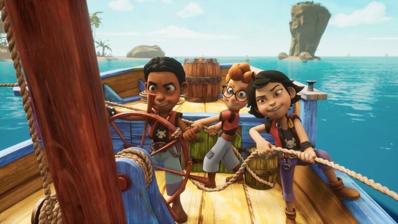 Finn (l.), Alexander (M.) und Zoe (r.) sind die Sardinen und sie wollen unbedingt das Wettsegeln der Pirate Academy gewinnen. – Bild: Method Animation – Mediawan kids & family