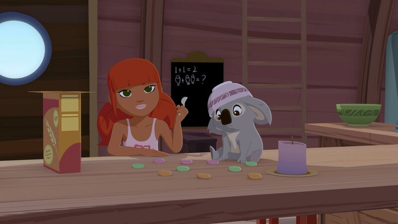Marina (l.) schimpft ein bisschen mit Koala Raoul (r.), der wieder einmal Chaos beim Frühstück verursacht hat. – Bild: ZDF