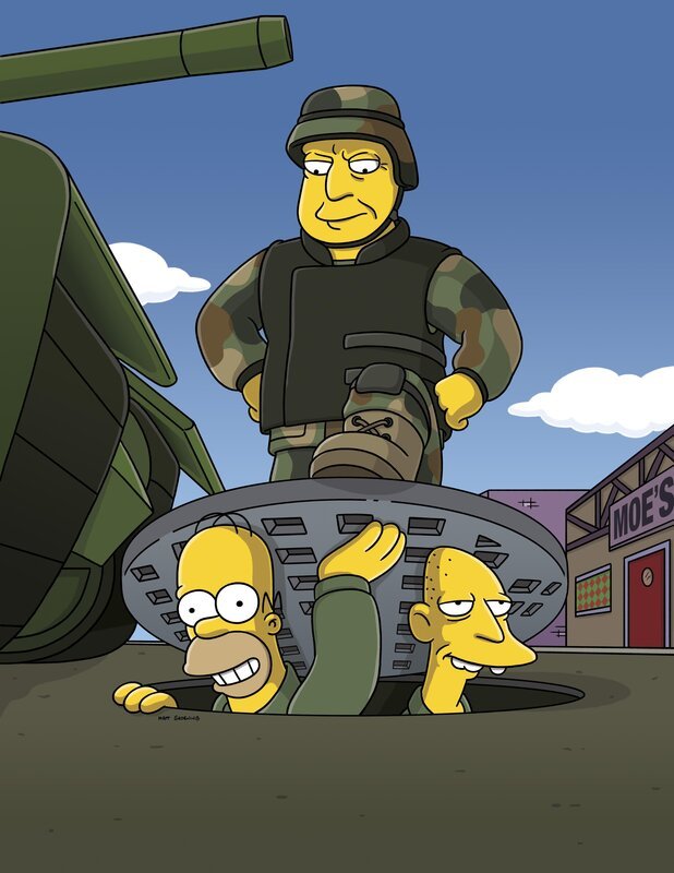 Die US-Army ist aufgrund der lodernden Krisenherde in aller Welt dringend auf der Suche nach neuen Rekruten und versucht ihr Glück in Springfield. Um Bart zu schützen wird Homer (unten l.) von Marge ins Wehrbüro geschickt – jedoch mit verheerenden Folgen … – Bild: ProSieben