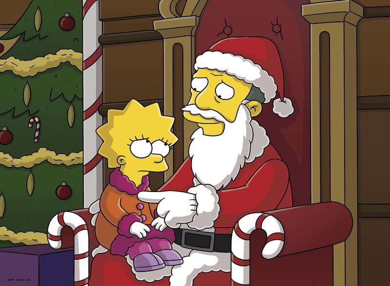 Es ist mal wieder Weihnachten in Springfield und Gil Gunderson (r.), der Dauerloser, hat sich bei einem Kaufhaus verdingt, um dort als Weihnachtsmann zu arbeiten. Das geht auch so lange gut, bis er Lisa (l.) einen Gefallen tun will und ihr eine besondere Puppe besorgt, die eigentlich schon ausverkauft ist … – Bild: FOX BROADCASTING