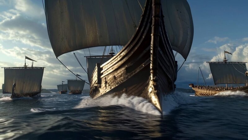 Eine Gruppe hölzerner Schiffe mit großen Segeln fährt durch das unruhige Meer. – Bild: A+E NETWORKS
