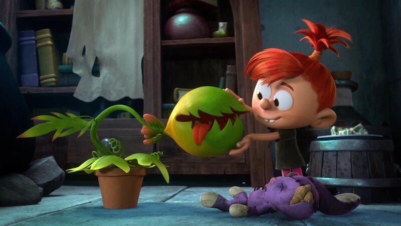 Rowena hat eine fleischfressende Pflanze namens Gulp. Mit ihrer Hilfe plant sie, für Gargamel die Schlümpfe zu fangen. – Bild: KiKA/​Peyo Productions, Dupuis Édition & Audiovisuell