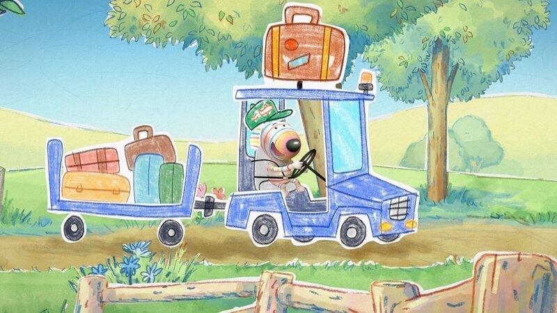 Dylan hat sichtlich Spaß als Flughafenmitarbeiter und bringt mit seinem Gepäckwagen das Gepäck der Fluggäste zum Gate. – Bild: ZDF/​Robert Eldrim/​SF Studios