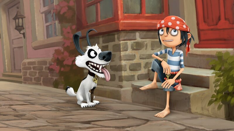 Jim und Piratenhund Knochen sitzen am Festland. – Bild: WDR/​Cyber Group Studios /​ France Télévisions /​ Blue Spirit Studios /​ Sofitvcine 4