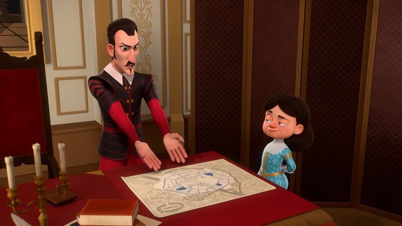 Der König (r.) hat sich stark verändert. Er möchte halb Paris abreißen lassen und eine Rennbahn dorthin bauen. Selbst Richelieu (l.) ist entsetzt. – Bild: Method Animation – Paloma /​ Method Animation – Palomar – ZDF – ZDF Studios