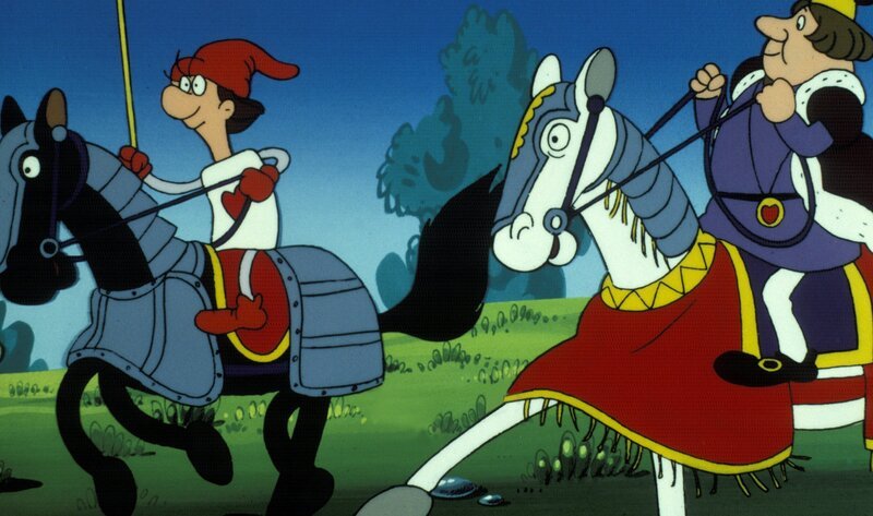„Alice im Wunderland“, „Das Ei auf der Mauer.“ Humpty Dumpty wäre beinahe von der Mauer gefallen. Seine Krawatte hat sich in einen Ast verfangen. Doch der sture Eierkopf lehnt jede Hilfe ab, die nicht vom Herzkönig kommt. Im Bild: Der Herzkönig eilt zu Humpty Dumpty, er hat seinem Freund zugesagt, ihm in jeder Notlage beizustehen, und dieses Versprechen will er nun einlösen. – Bild: ORF