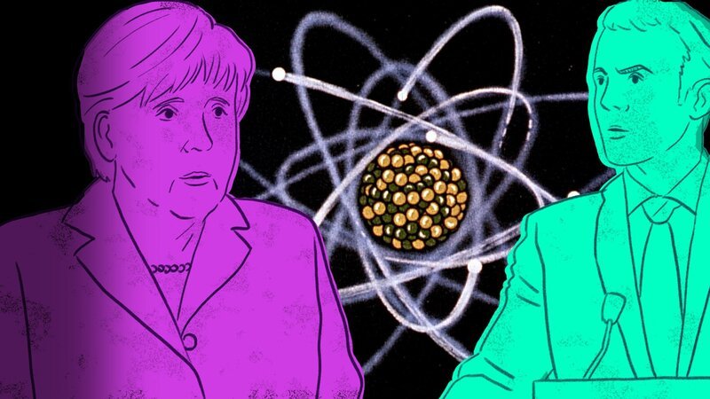 Grafik von Angela Merkel und Emmanuel Macron vor einem Atomkern – Bild: SRF /​ LOOKSfilm