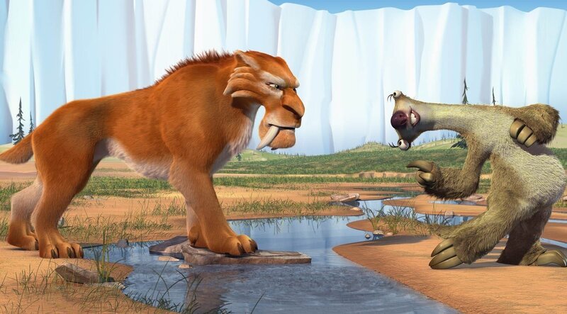 Faultier Sid ist für den Säbelzahntiger Diego ein rotes Tuch. Doch Sid weiß um Diegos Geheimnis: er ist wasserscheu. – Bild: dr /​ Marlyse Press Photo/​MPP
