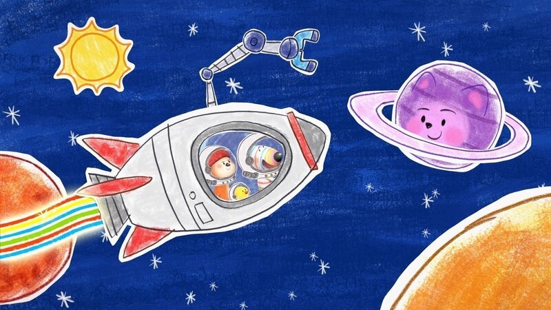 Raumfahrer Ozzy (links), Bitsy (Mitte) und Dylan (in der Rakete) starten zu einer neuen Mission ins All und treffen unterwegs auf den freundlichen „Daisy-Saturn“. – Bild: ZDF/​9 Story Media Group Inc.