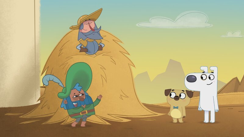 Nach der heldenhaften Rettung von Puck landet Don Quijote sicher in einem Strohhaufen. – Bild: KiKA/​Dog Loves Productions Limited