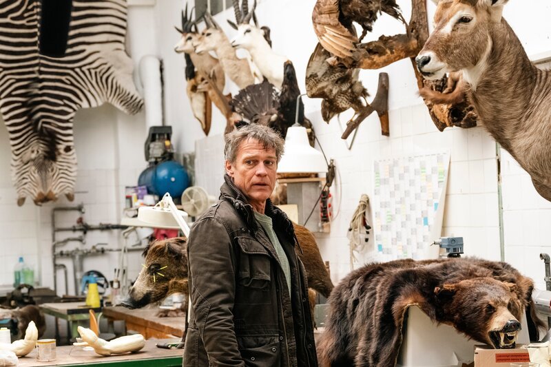 Um der Falllösung einen Schritt näher zu kommen, betritt Kommissar Matti Wagner (Pierre Besson) eine am Tatort gelegene Tierpräparationswerkstatt. Wird er einen neuen Hinweis finden? – Bild: Martin Rottenkolber /​ ZDF