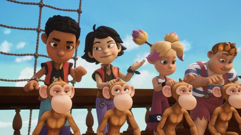 Die Schüler der Pirate Academy sind zum Suchen von Läusen bei ihren ungebetenen Gästen verdonnert. Von links Finn, Zoe, Erika und Conan – Bild: Honorarfrei – nur für diese Sendung inkl. SocialMedia bei Nennung ZDF und Method Animation – Mediawan kids & family.